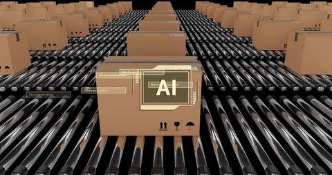 Ai-labeled cardboard box moving on conveyor through automated warehouse for smart logistics