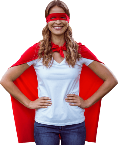 Smiling woman wearing red cape and mask on transparent background