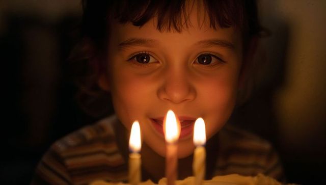 Smiling Child Gazing at Three Lit Birthday Candles Warm Candlelight Closeup Portrait