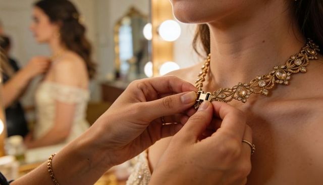 Bridal assistant fastening ornate gold choker on bride wearing off-shoulder gown at vanity