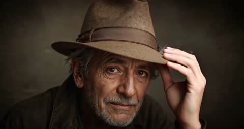 Elegant Older Gent in Rustic Attire Tipping Fedora with Grace