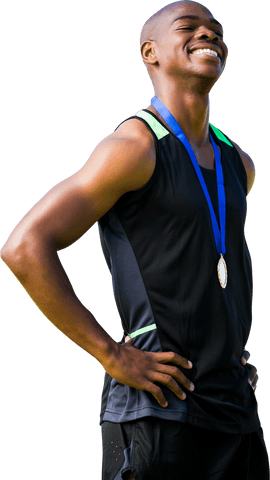 Happy African American Athlete Celebrating with Medal on Transparent Background