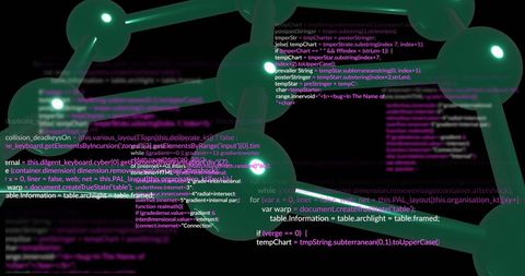 Dynamic depiction of programming code overlaying abstract green geometric structures, ideal for showcasing concepts of digital advancement, algorithms, and innovative software development. Can be used in tech presentations, articles about coding and technology, or promotional materials related to software advancement.