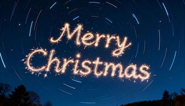 Merry Christmas Sparkler Script Over Rural Night Sky with Circular Star Trails