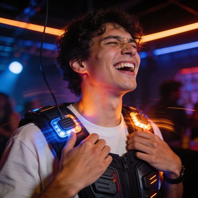 Young man laughing in led game vest at neon arena — high-energy techwear nightlife moment