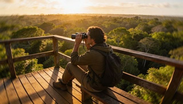 Solitary observer watching forest canopy at golden hour from elevated wooden platform