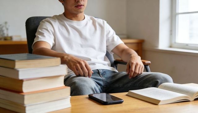Asian student sitting at desk studying with stacked books and smartphone by bright window, focusing