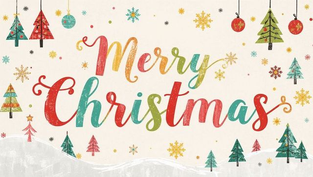 Merry Christmas Handlettering Featuring Colorful Vintage Trees, Snowflakes, Baubles