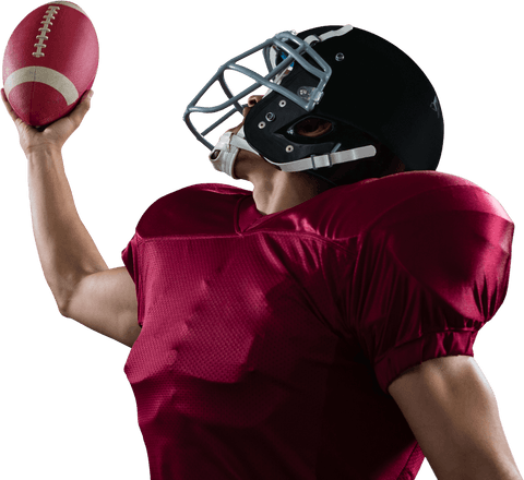 American football player in red jersey with helmet holding ball overhead transparent