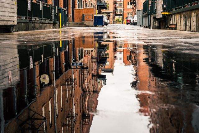 Capturing an urban alley after rain with reflections of buildings in puddles on the wet pavement. Ideal for concepts related to urban living, architecture, and city environments. Suitable for use in editorials, travel blogs, and social media posts related to city life and weather conditions.