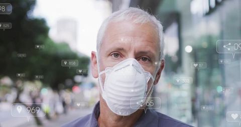 Mature man wearing N95 mask on city street with social media and health data overlays