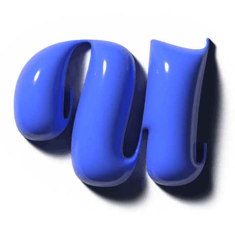 Transparent glossy blue 3d lowercase m sculpture levitating with rim light and halo
