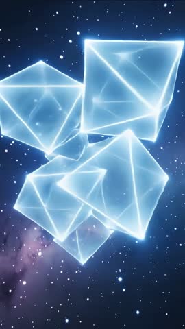 Vertical crystal polyhedra rotating and gliding through glowing nebula