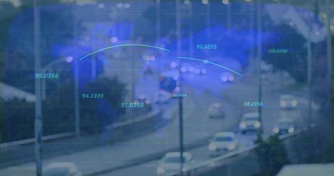 Ai traffic monitoring overlaid trajectory paths on curved urban highway at dusk with bokeh
