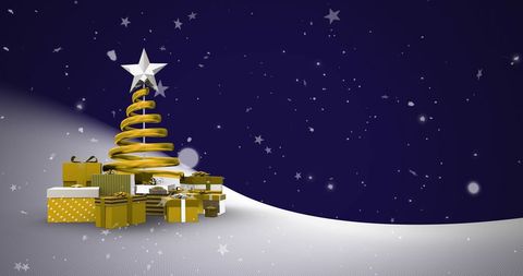 Decorative Gold Christmas Tree with Presents Amid Falling Snow