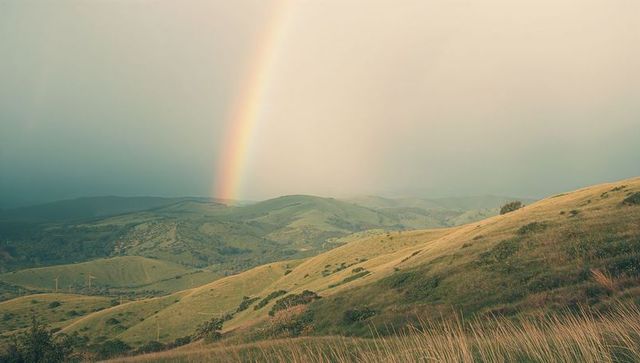 Scenic rainbow over beautiful grassy hills with wind turbines
