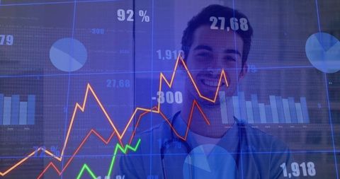 Doctor analyzing medical data with digital charts in background