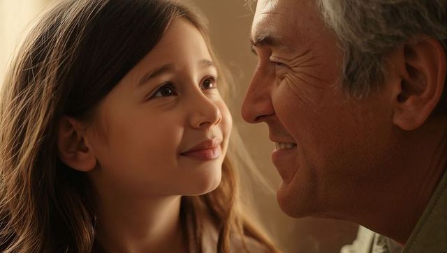 Grandfather and granddaughter sharing tender gaze through warm window light, intimate closeup