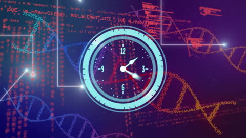 Neon Clock Over DNA and Data Processing Animation