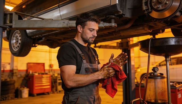 Male auto mechanic wiping greasy hands with red rag under raised car on lift in workshop