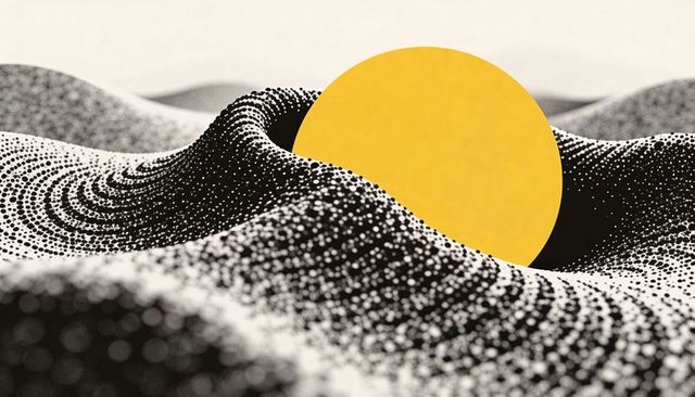 Rising yellow sun disk over undulating dotted landscape with textured wave pattern