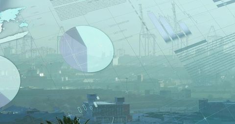 Gantry Cranes with Data Overlays in Logistics Port Background