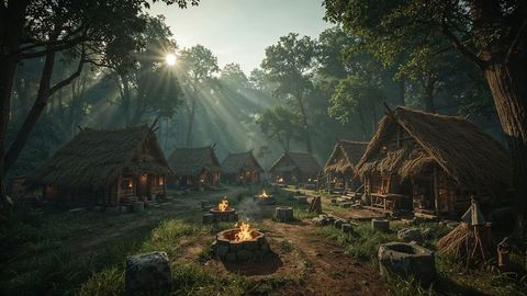 Rustic Thatched-Village at Dawn