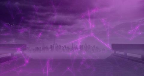 Futuristic Cityscape With Digital Network Grid in Purple Glow