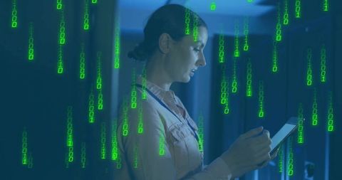 IT Professional Analyzing Data with Cybersecurity Overlays in Data Center