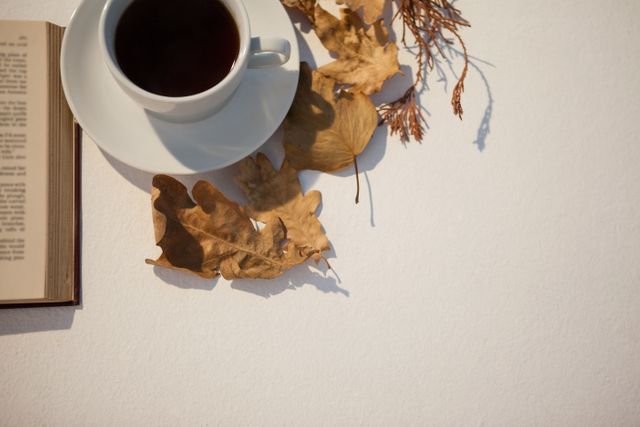 Overhead of autumn leaves, black tea and open book on white background