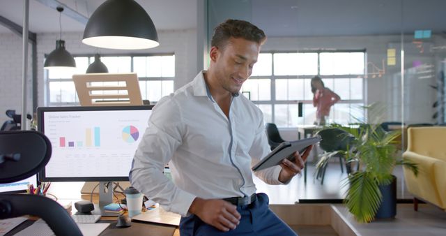 Happy Caucasian Businessman Using Tablet in Casual Office - Download Free Stock Images Pikwizard.com