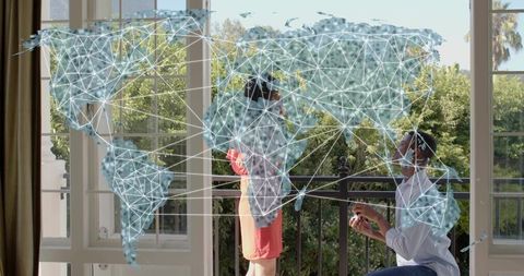 Balcony engagement proposal with kneeling man offering ring and holographic world map