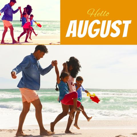 Happy Family at Beach Celebrating August Arrival