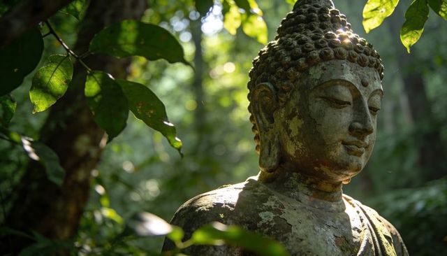 Moss-covered buddha statue bathing in dappled sunlight amid verdant forest garden