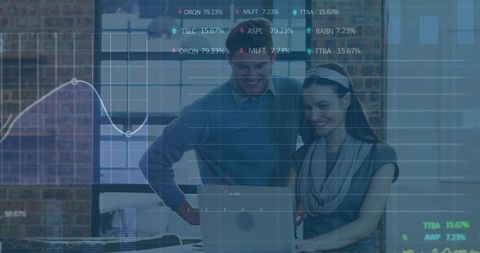 Business team collaborating on laptop with financial charts overlay for data visualization