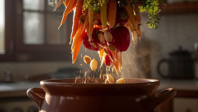 Sunlit rustic carrots and cherry tomatoes dropping seeds into earthenware pot by window