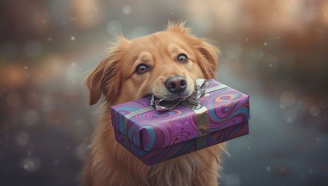 Golden Dog Carrying Swirl Pattern Gift Box in Twilight Park