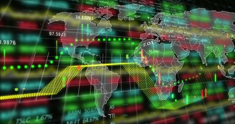 Digital Display of Global Stock Market Data Chart with World Map Overlay - Download Free Stock Images Pikwizard.com