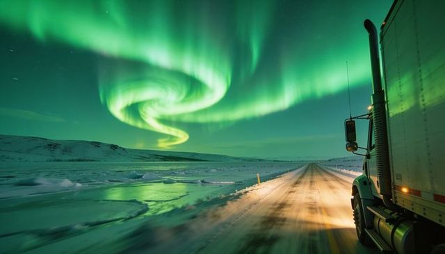 Driving semi truck through arctic night under swirling green aurora borealis on highway