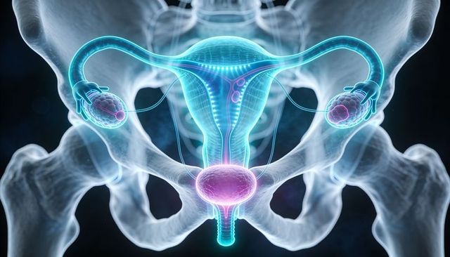 Translucent pelvic anatomy showing uterus, fallopian tubes, ovaries, cervix 3D render