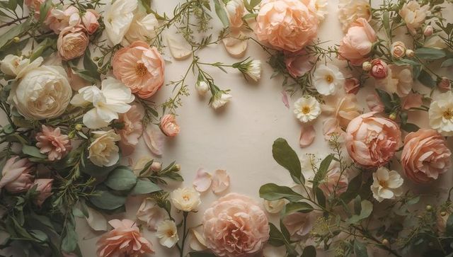 Peach rose and cream blossom floral border flatlay framing pale beige copy space