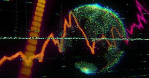 Futuristic Digital Globe with Glitch-Art and Data Graph