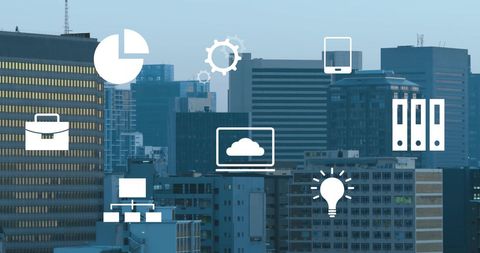 Urban cityscape with financial data icons overlay