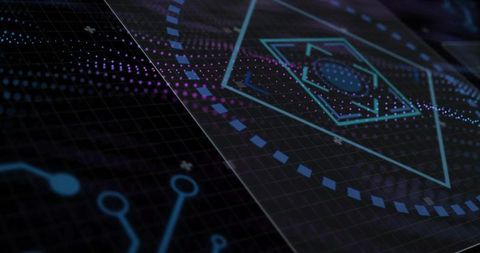 Futuristic hud interface rotating polygon scan over circuit grid with neon magenta particles