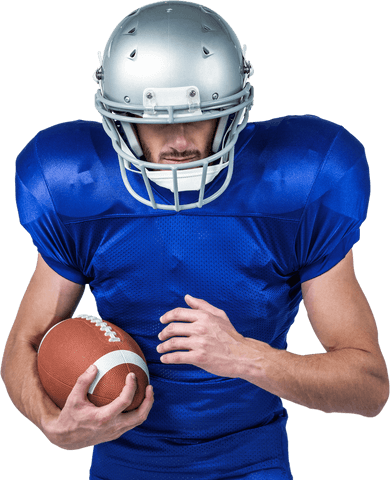 Transparent american football player holding ball in blue uniform