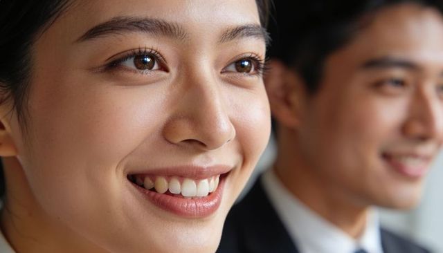 Smiling asian businesswoman headshot showing teeth close-up corporate executive leadership team