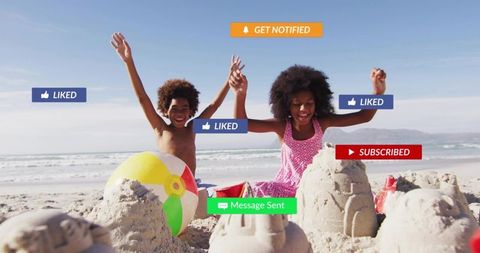 Kids cheering at sunny beach building sandcastles with beach ball and social overlays