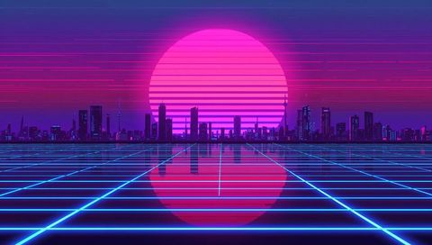 Glowing magenta sun reflecting over neon cyan grid with futuristic skyline at dusk