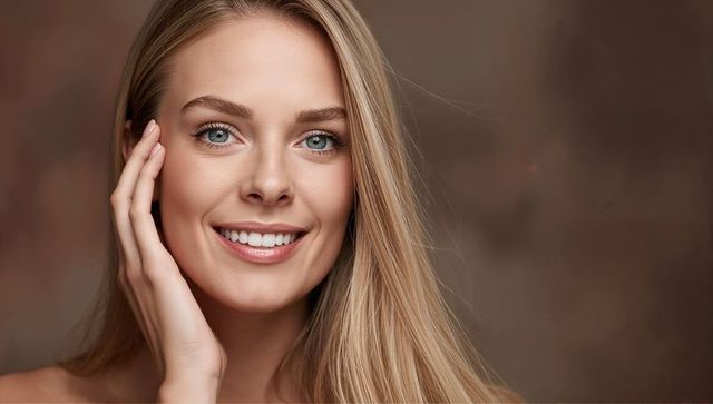 Woman smiling in studio with warm lighting and brown backdrop
