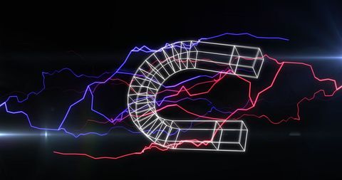 Magnet icon with lightning over dynamic light trails on black background